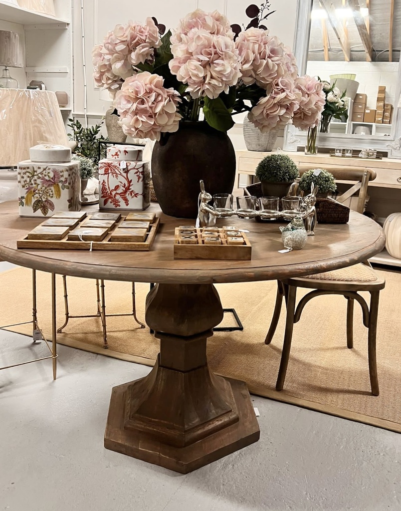 Natural Wood Taupe Round Pedestal Table with Carved Base