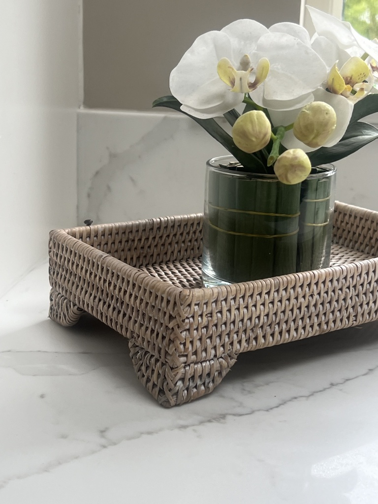 Small White Washed Rattan Tray with legs