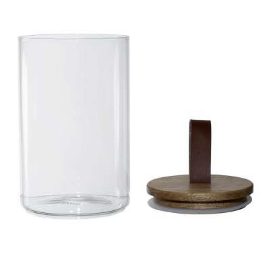 Glass storage jar with leather strap