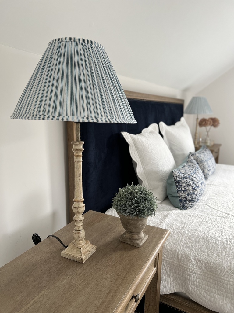 Pleated Silk Lampshade 35cm Blue/White Ticking