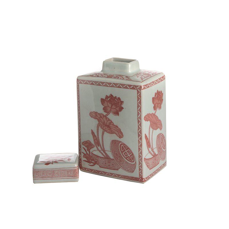 Coral and White Lotus Flower Rectangle Chinoserie Jar