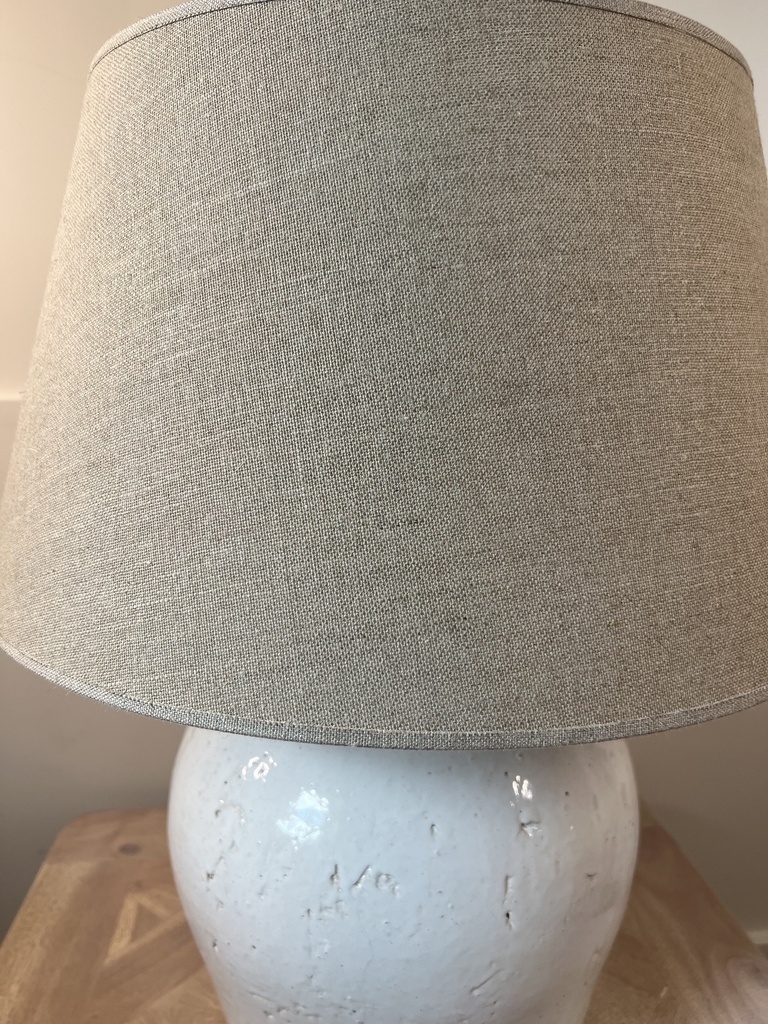 Etna White Glazed Stone Lamp with French Linen Shade - Natural Linen