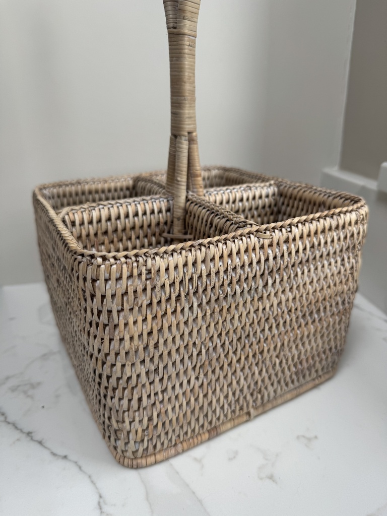 Whitewashed Rattan Condiment / Cutlery Holder