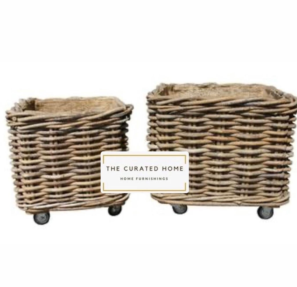 Rattan Square Log Basket on Wheels - Large Fully Lined