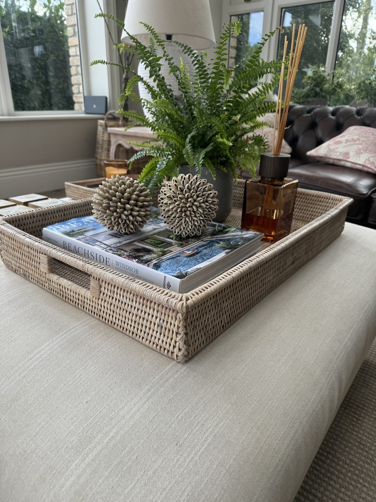 XL whitewashed rattan tray with handles