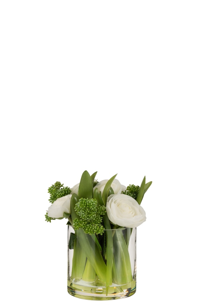 Ranunculus In Vase Plastic Glass White/Green Small