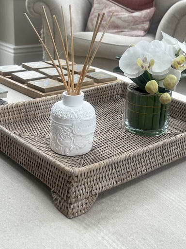 Large White washed Rattan Tray with Legs