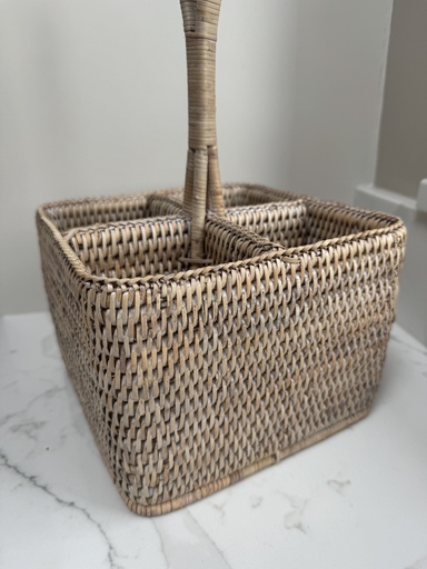 Whitewashed Rattan Condiment / Cutlery Holder