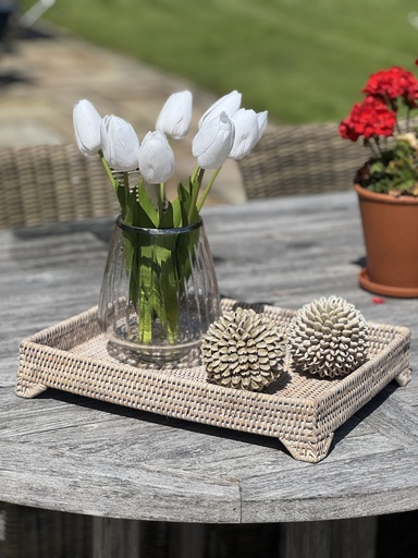 Whitewashed Rattan Tray on legs - M 