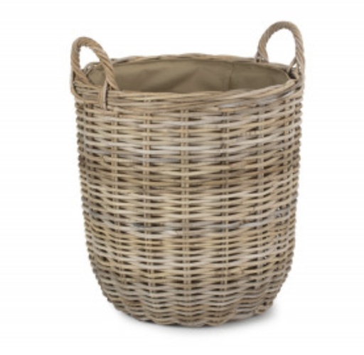 Medium Tall Round Fireside Grey Rattan Log Basket - Lined