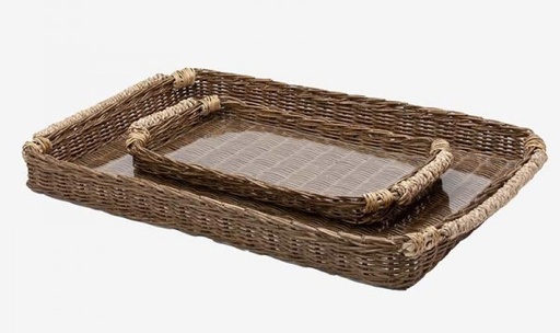[1372308] Rattan tray with glass base - Large