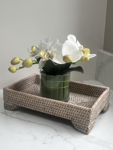 Small White Washed Rattan Tray with legs
